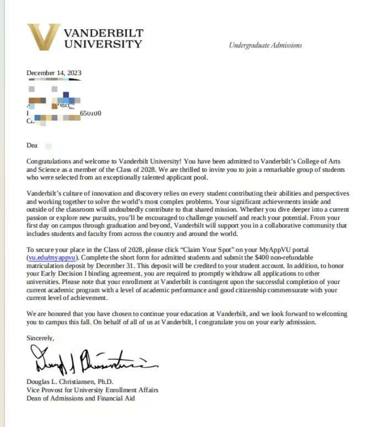 范德堡大学 offer